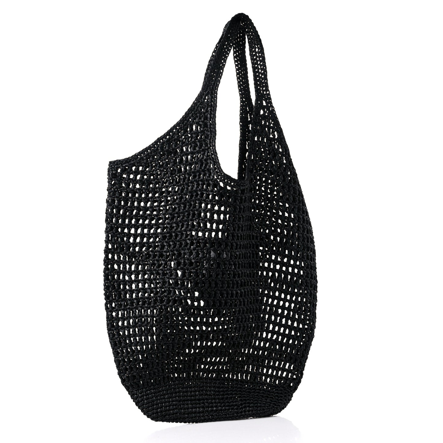 Yarn Raffia Effect Crochet Logo Embroidered Shopping Tote Bag Black