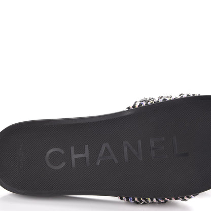 Chanel Tweed Lambskin Chain Flat Sandals 38 Black Multicolor 6 of 8
