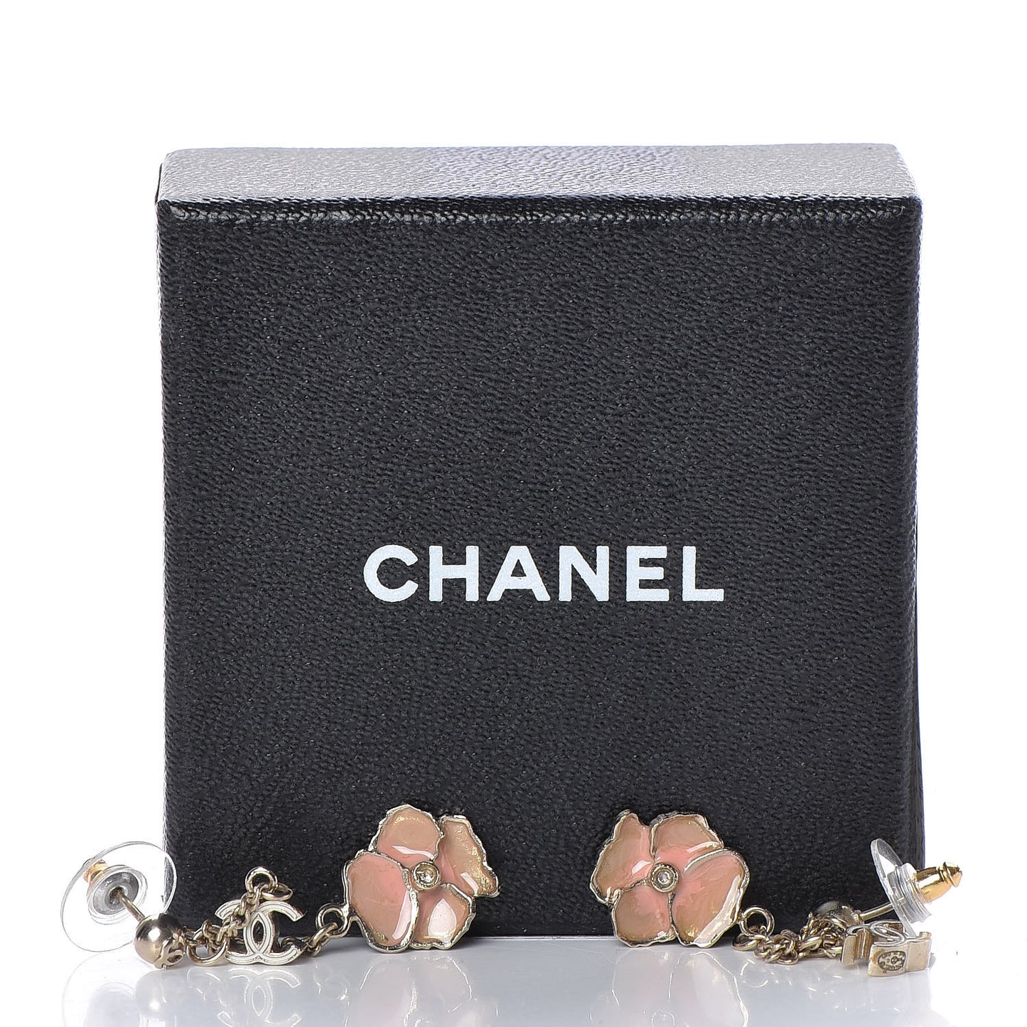 Enamel Crystal CC Camellia Drop Earrings Pink Gold