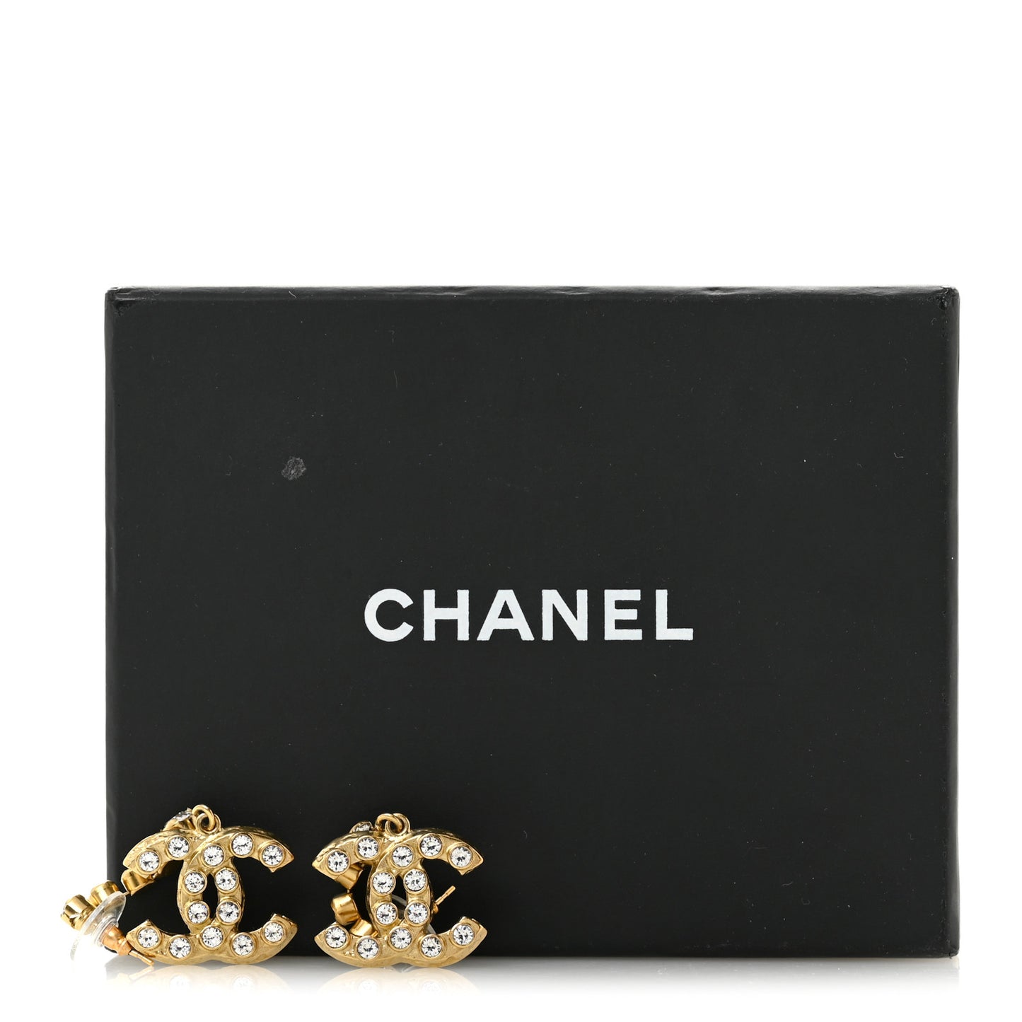 Metal Crystal CC Drop Earrings Gold