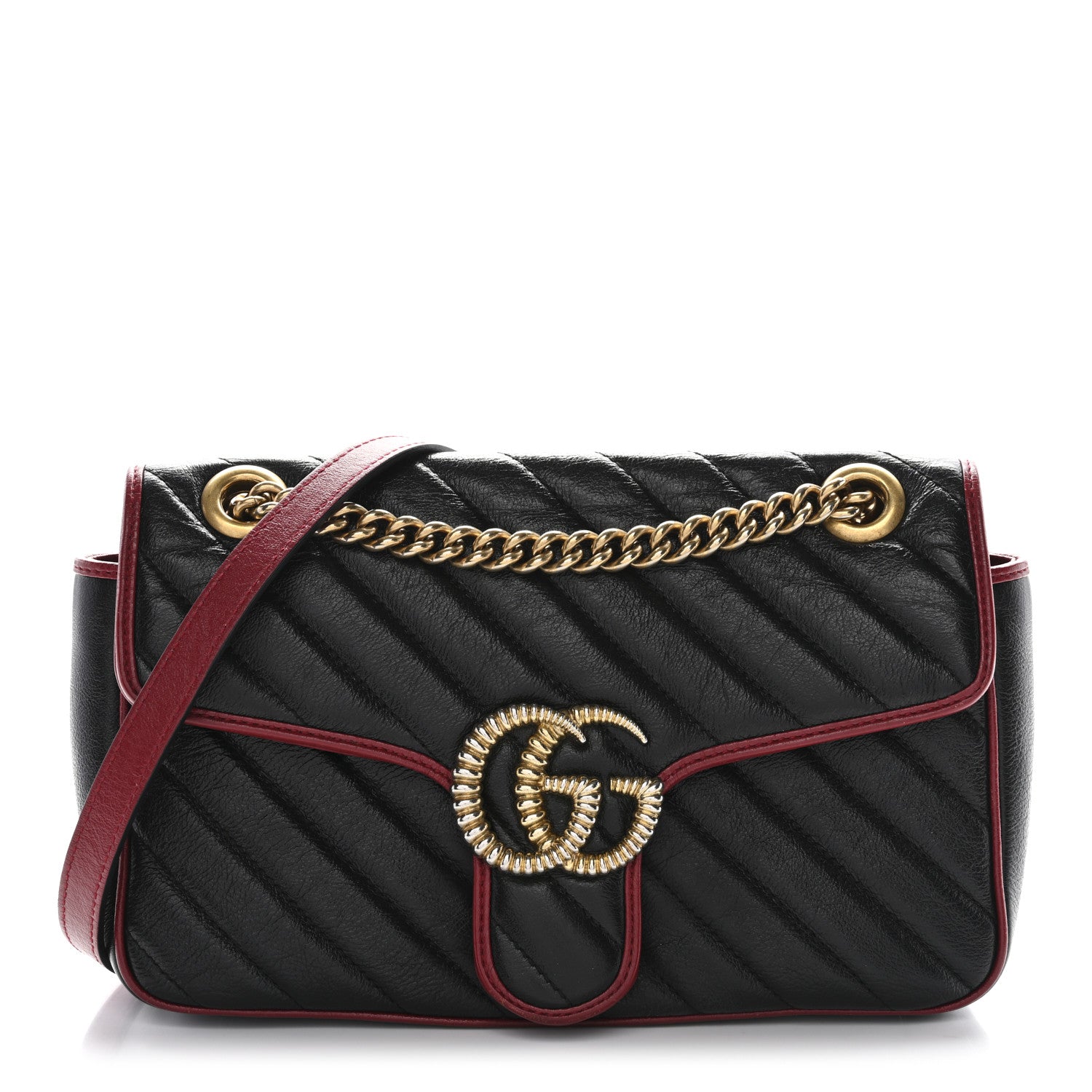 Gucci Vintage Effect Calfskin Matelasse Diagonal Small Torchon GG Marmont Shoulder Bag Black Romantic Cherry 1 of 11