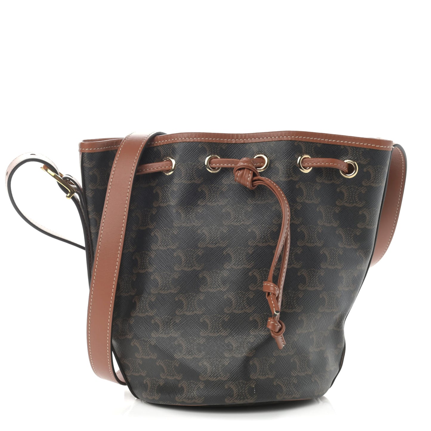 Triomphe Canvas Calfskin Small Drawstring Bucket Bag Tan