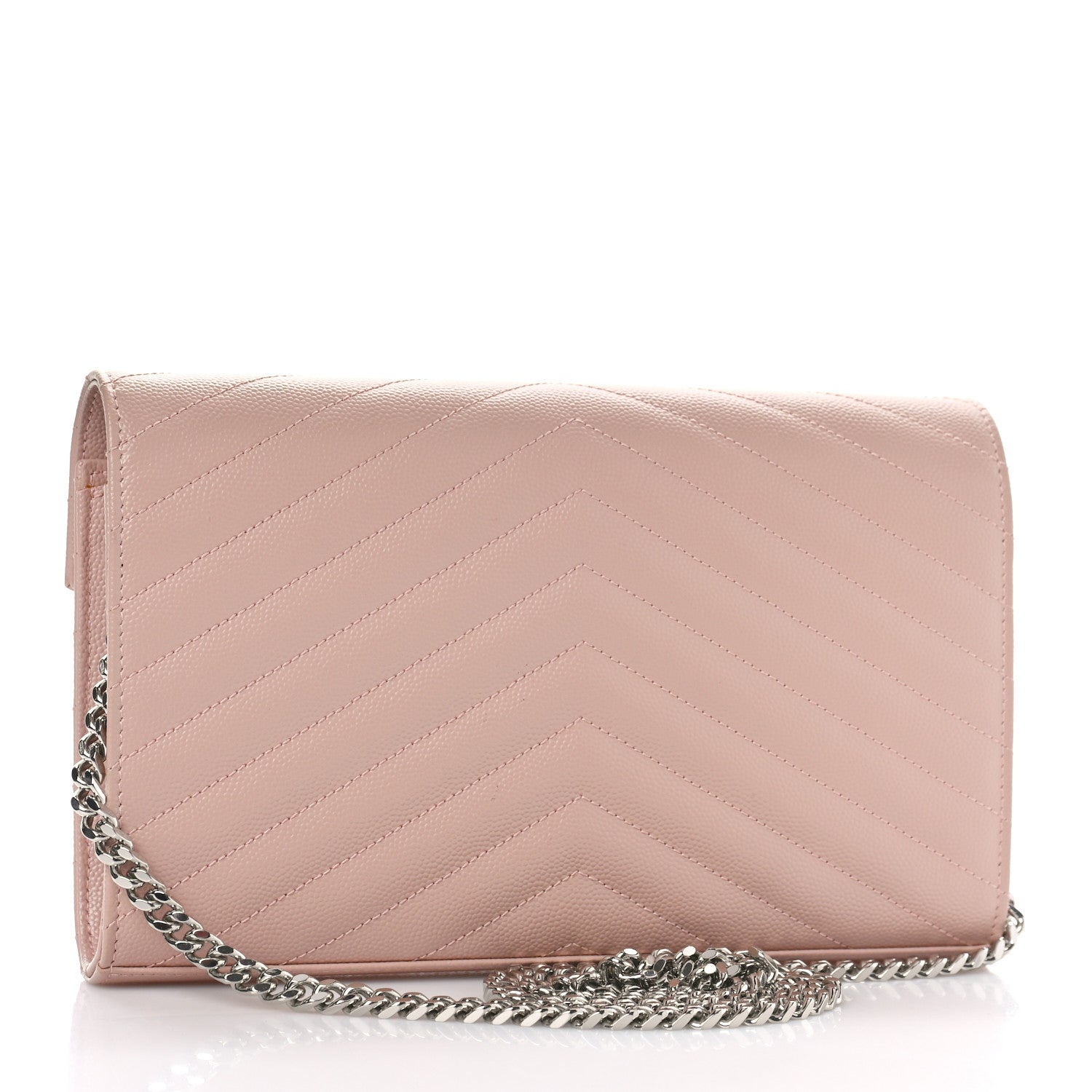 Saint Laurent Grain De Poudre Matelasse Chevron Monogram Chain Wallet Pale Pink 3 of 9