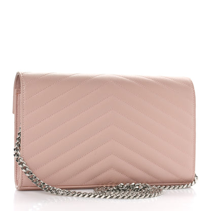 Saint Laurent Grain De Poudre Matelasse Chevron Monogram Chain Wallet Pale Pink 3 of 9