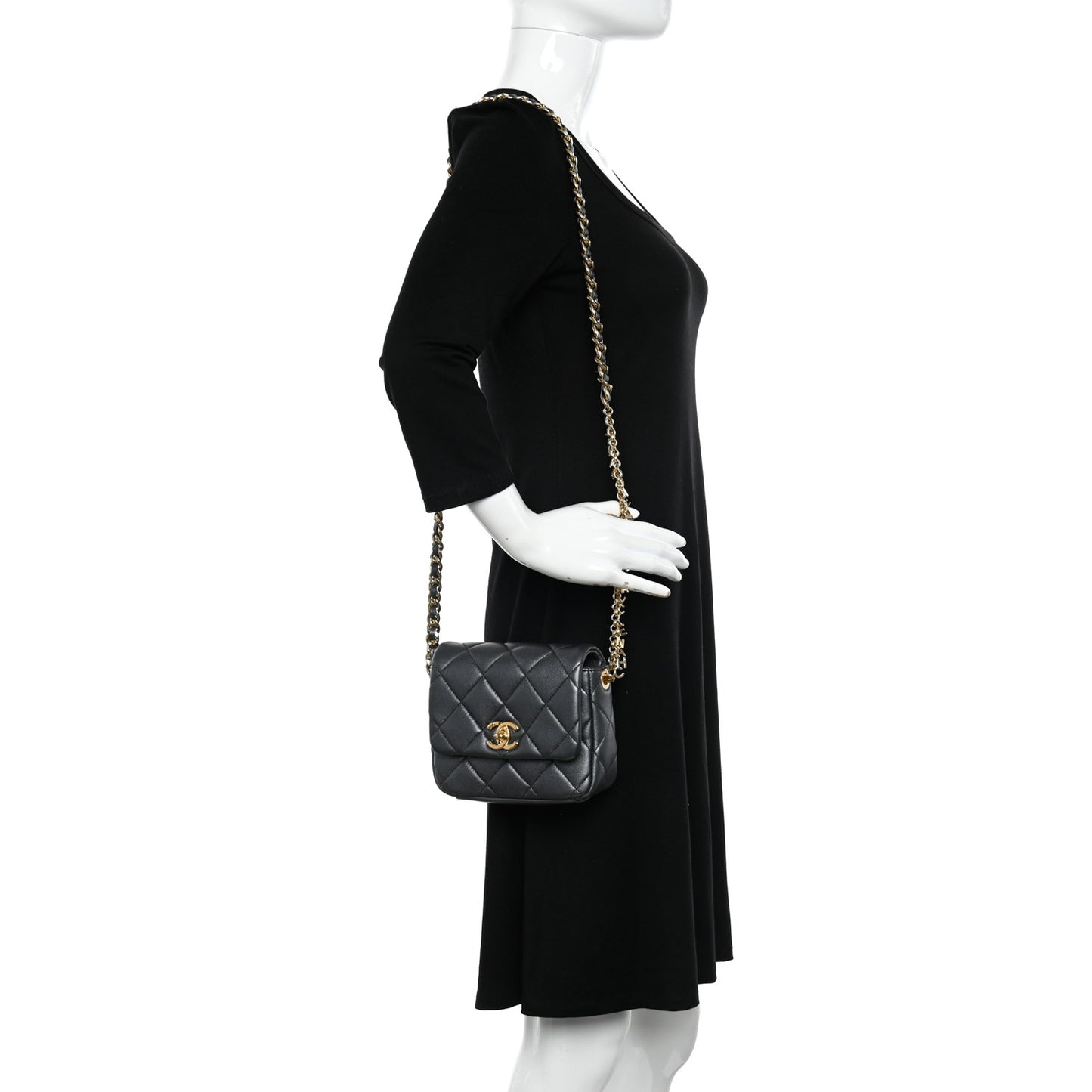 Metallic Lambskin Quilted Logo Charm Mini Chain Flap Grey