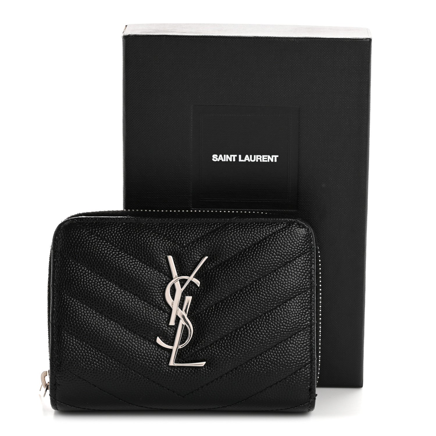 Saint Laurent Grain De Poudre Matelasse Chevron Monogram Compact Zip Around Wallet Black 11 of 11