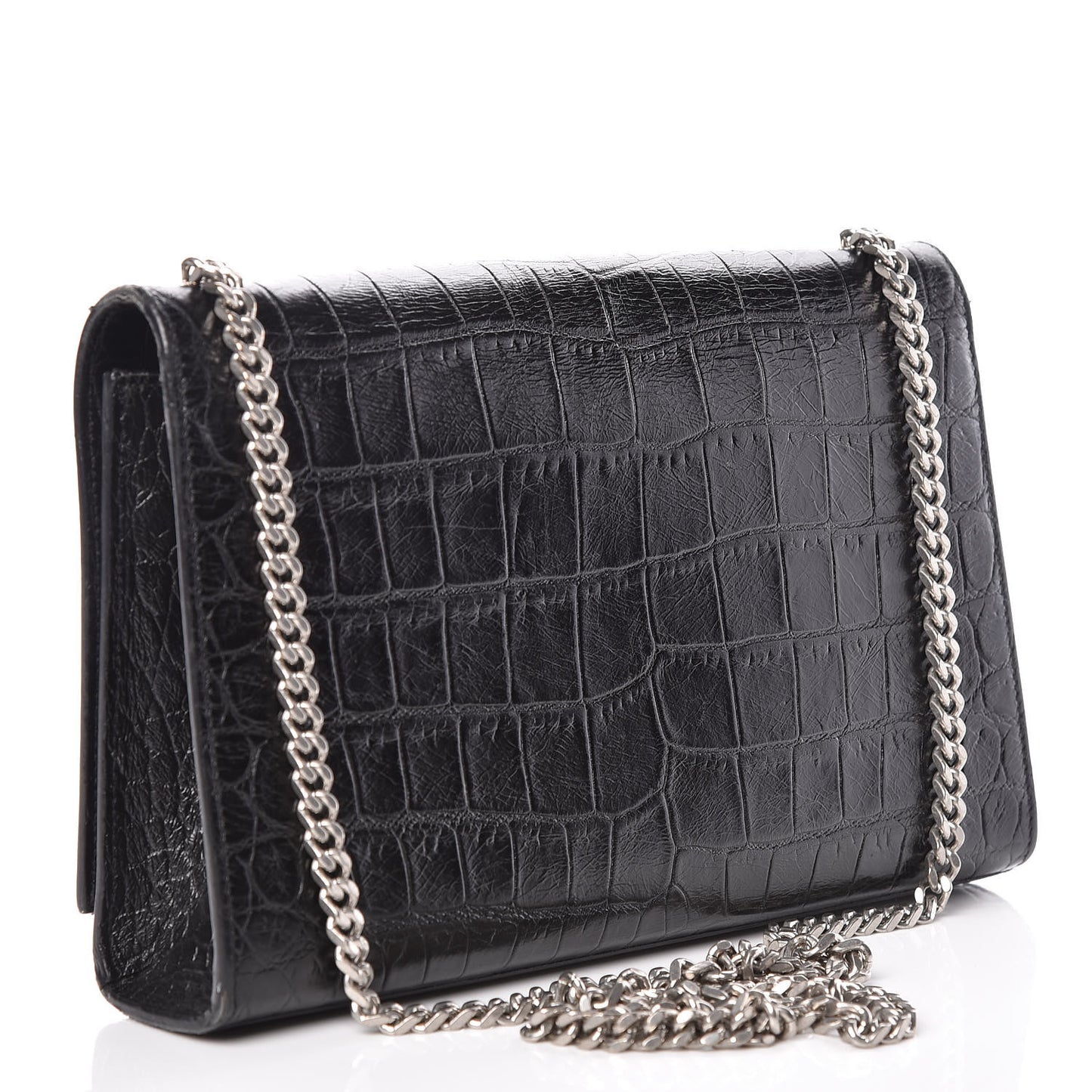 Calfskin Crocodile Embossed Medium Classic Monogram Kate Tassel Satchel Black