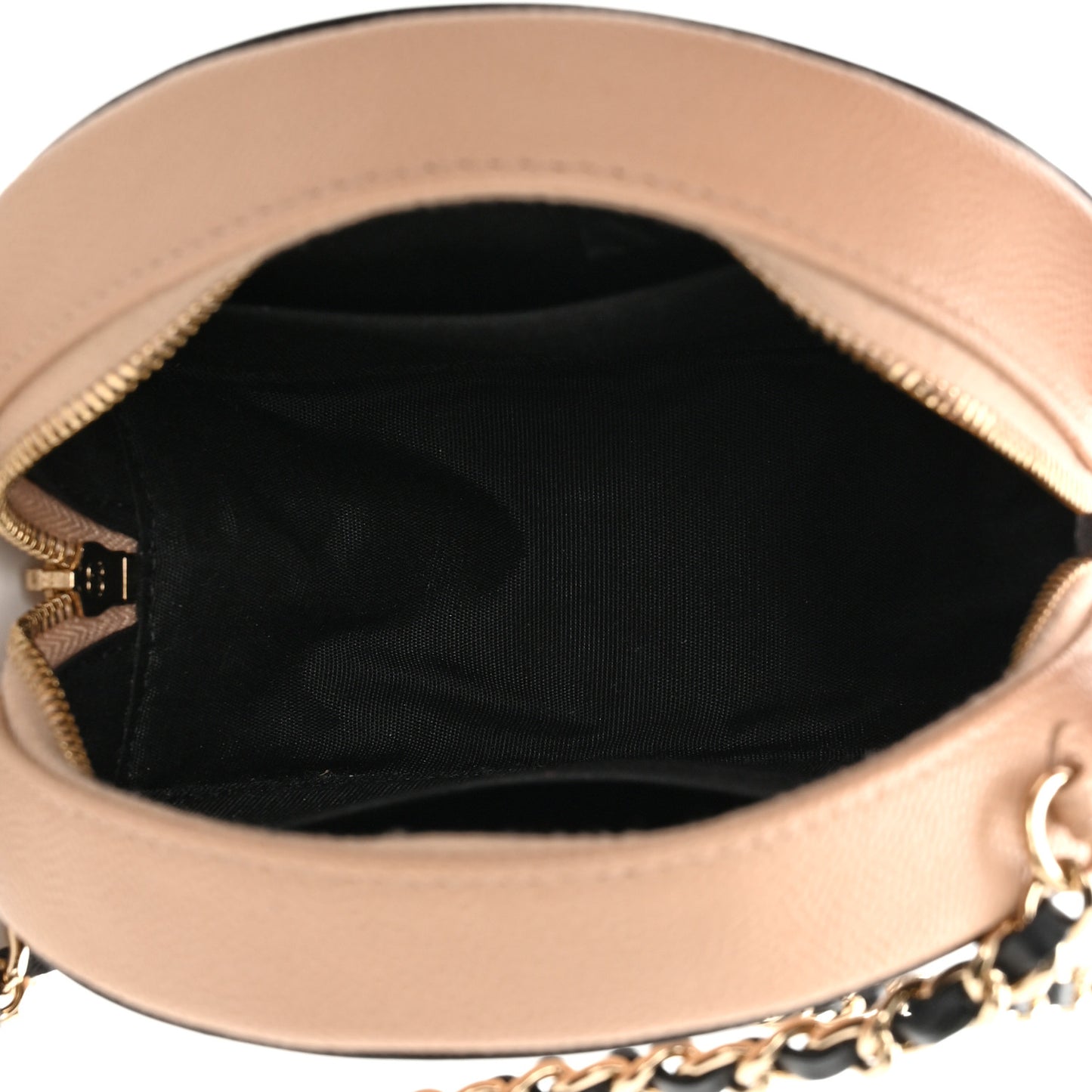 Caviar Quilted Round Filigree Crossbody Beige Black