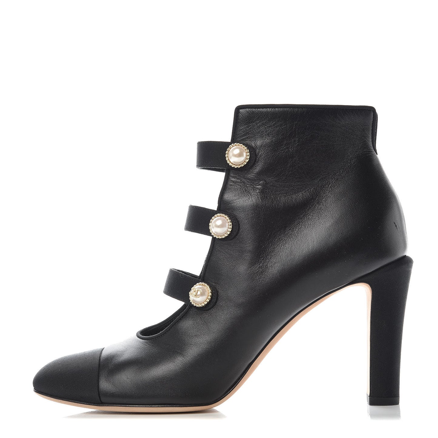 Lambskin Grosgrain Cap Toe Pearl Ankle Boots 40 Black