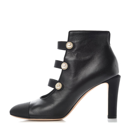 Chanel Lambskin Grosgrain Cap Toe Pearl Ankle Boots 40 Black 1 of 11