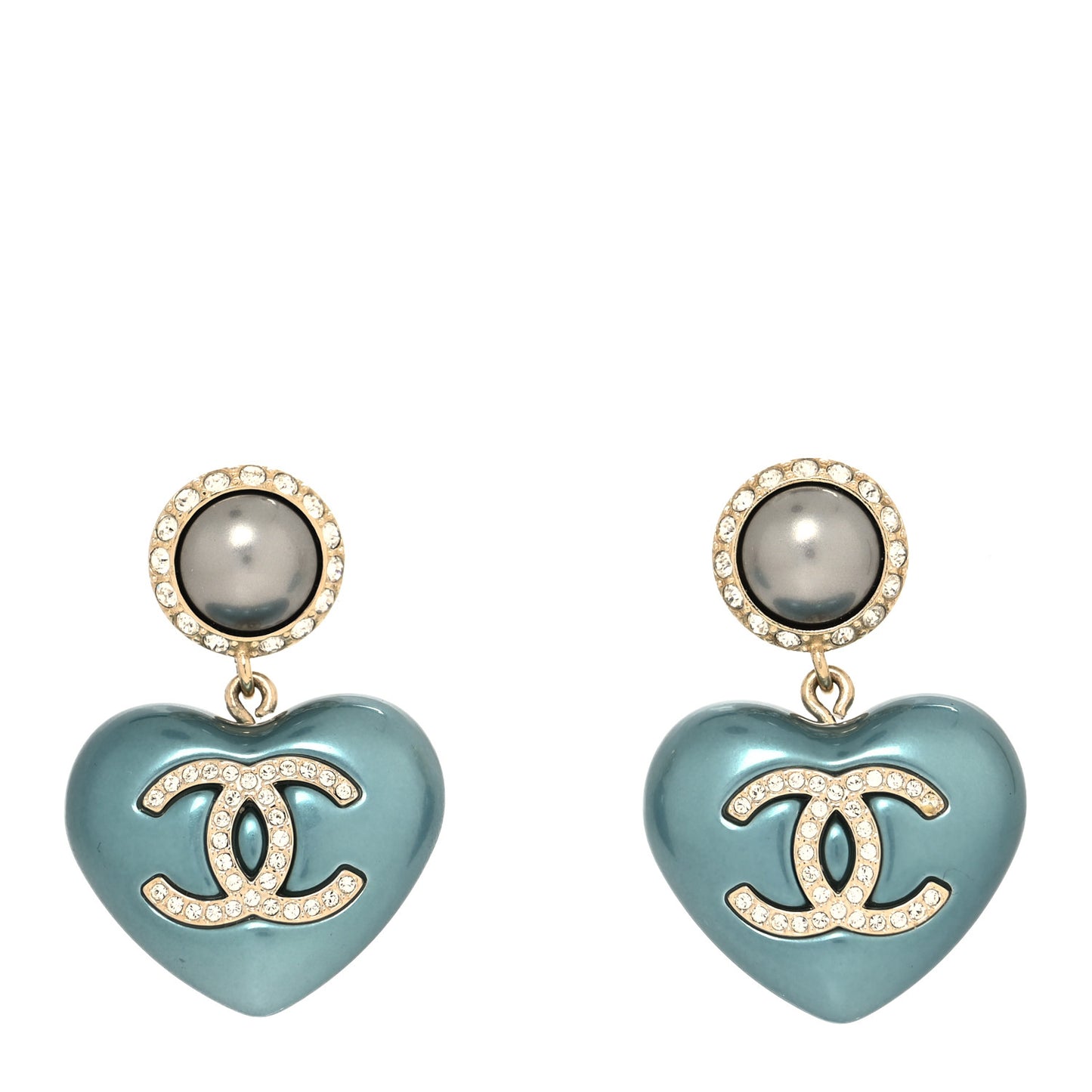 Pearl Crystal CC Heart Drop Earrings Blue