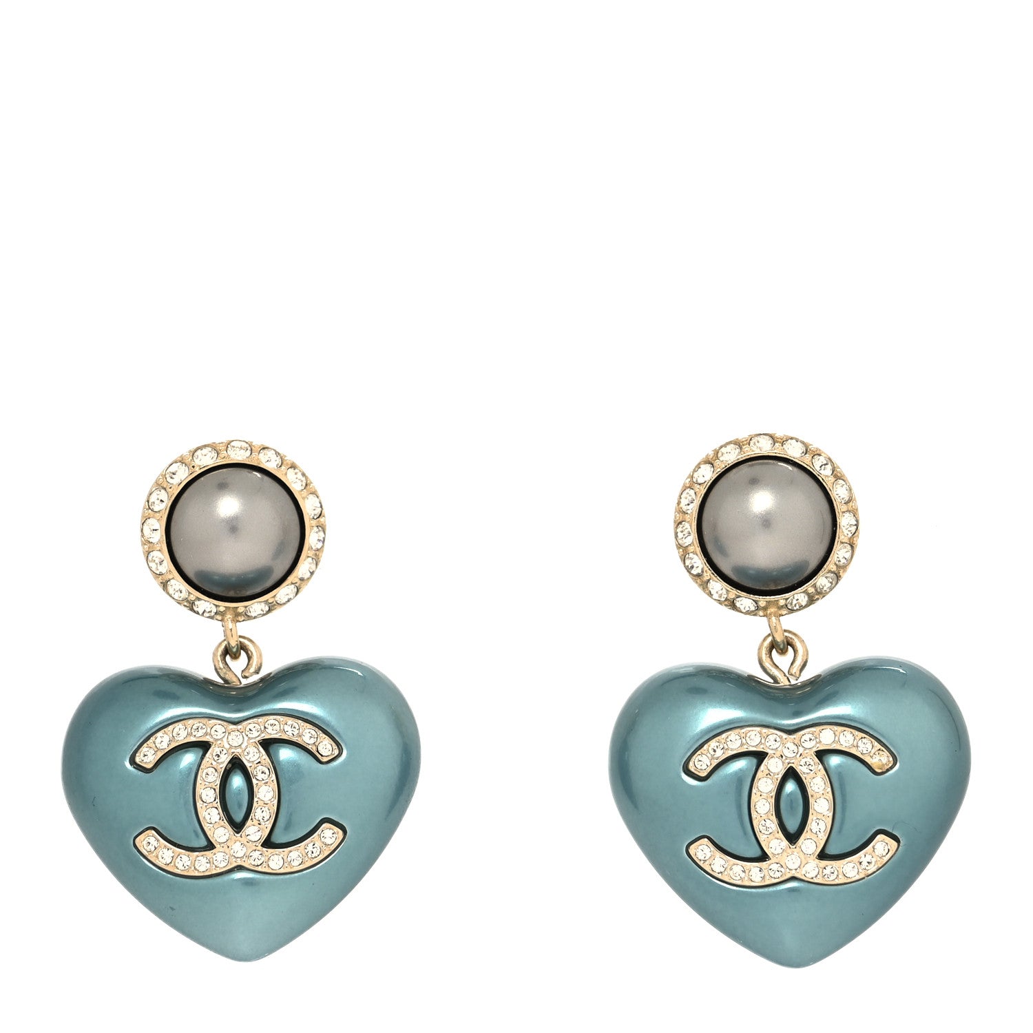 Chanel Pearl Crystal CC Heart Drop Earrings Blue 1 of 4