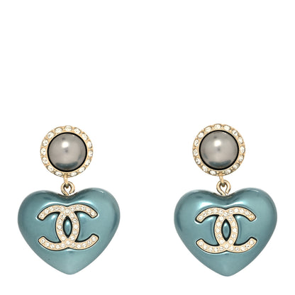 Chanel Pearl Crystal CC Heart Drop Earrings Blue 1 of 4