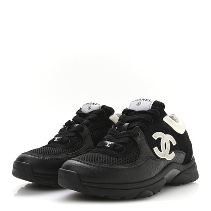 Chanel Mesh Suede Grained Calfskin Womens CC Sneakers 38 Black White 4 of 9