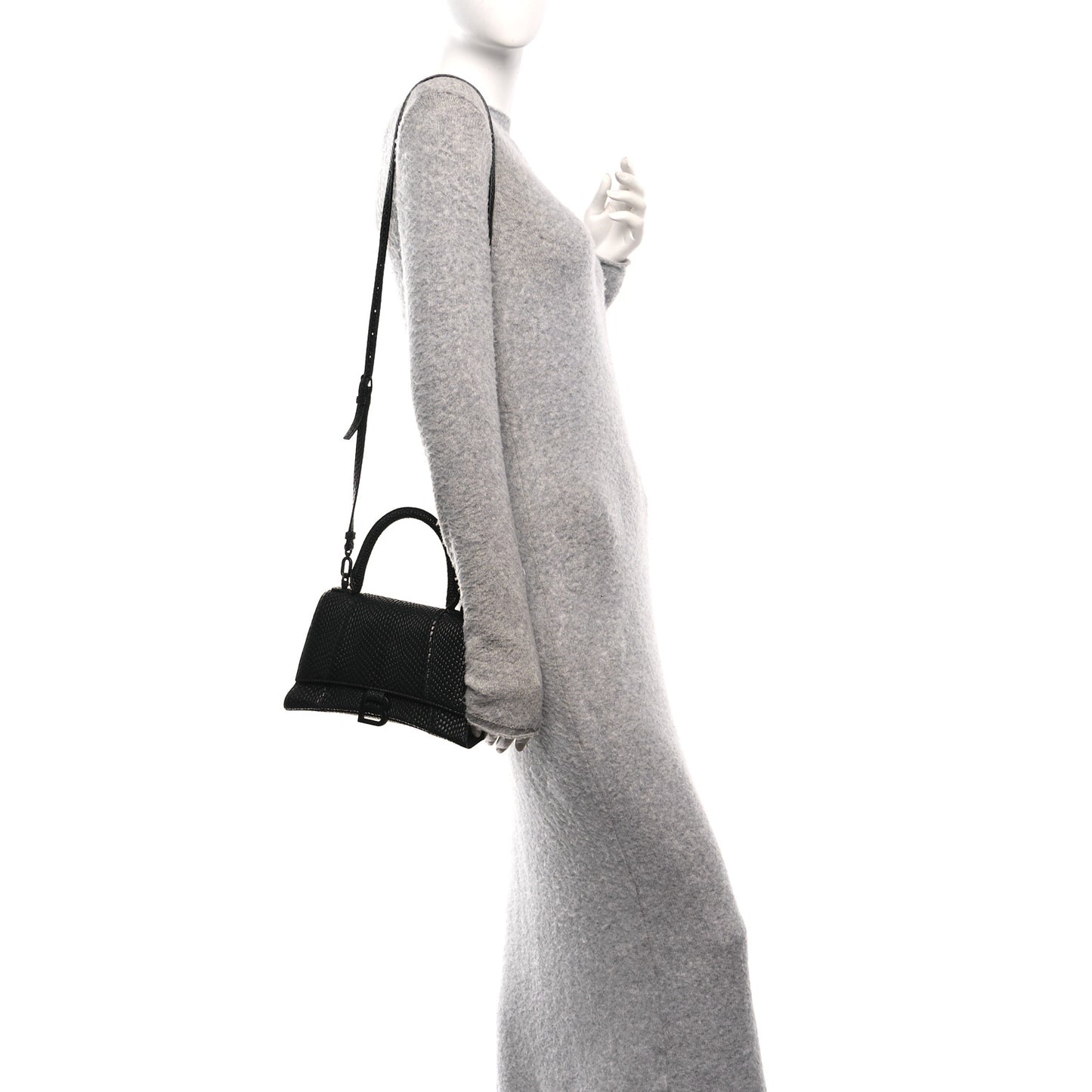 Matte Calfskin Snake Embossed Tonal B Small Hourglass Top Handle Bag Black