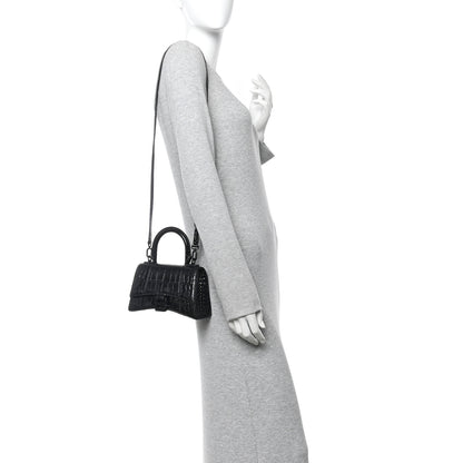 Balenciaga Shiny Calfskin Monochrome Crocodile Embossed Hourglass Top Handle Bag XS Black 2 of 12