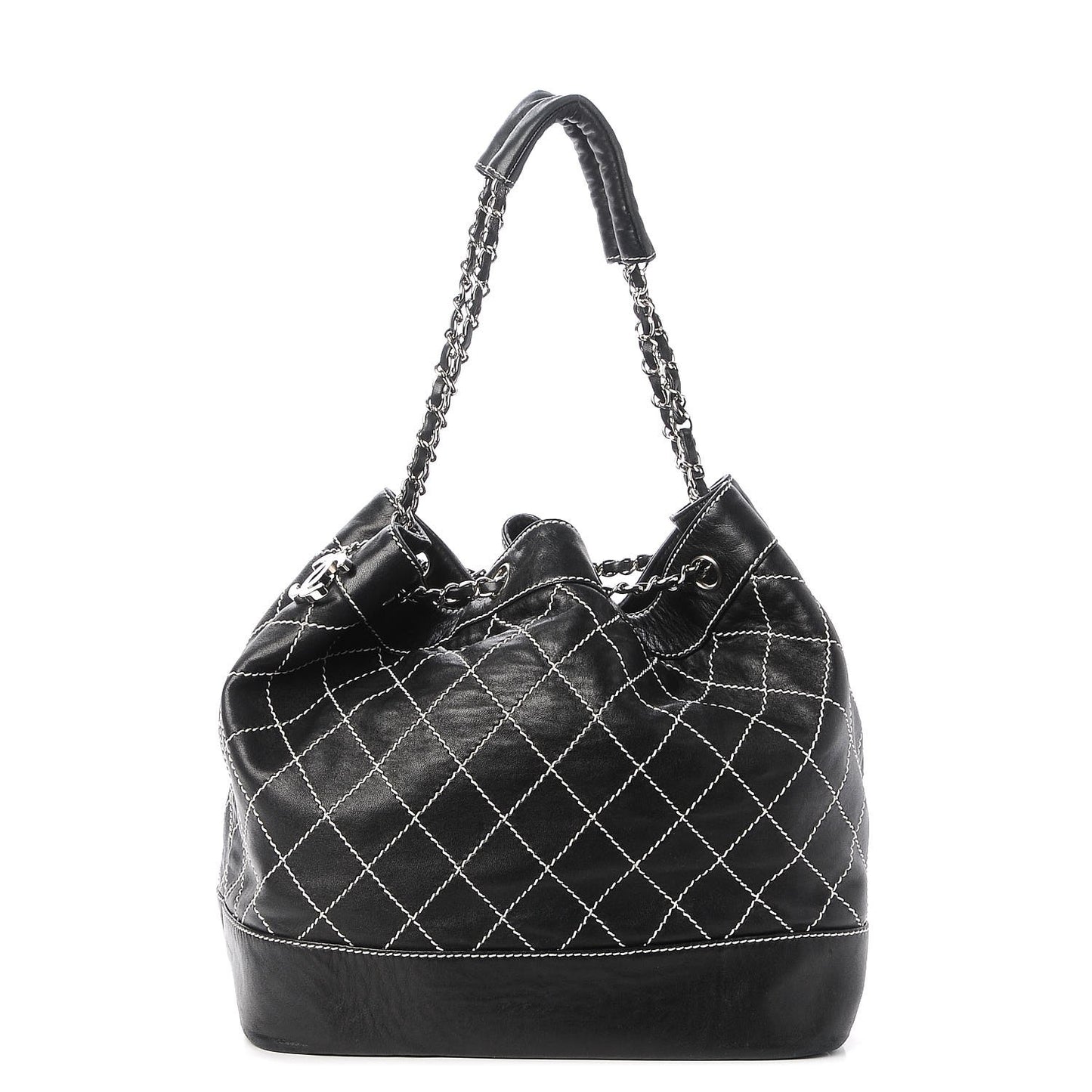 Lambskin Contrast Stitch Large Drawstring Tote Black