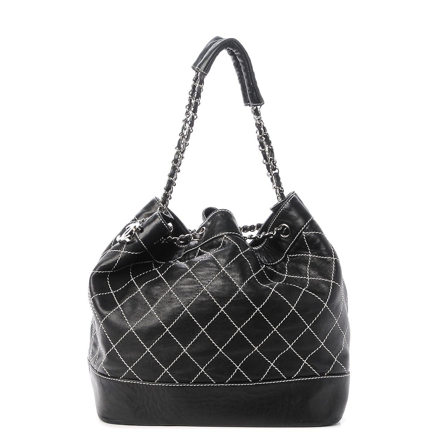 Chanel Lambskin Contrast Stitch Large Drawstring Tote Black 1 of 10