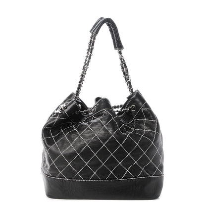 Chanel Lambskin Contrast Stitch Large Drawstring Tote Black 1 of 10