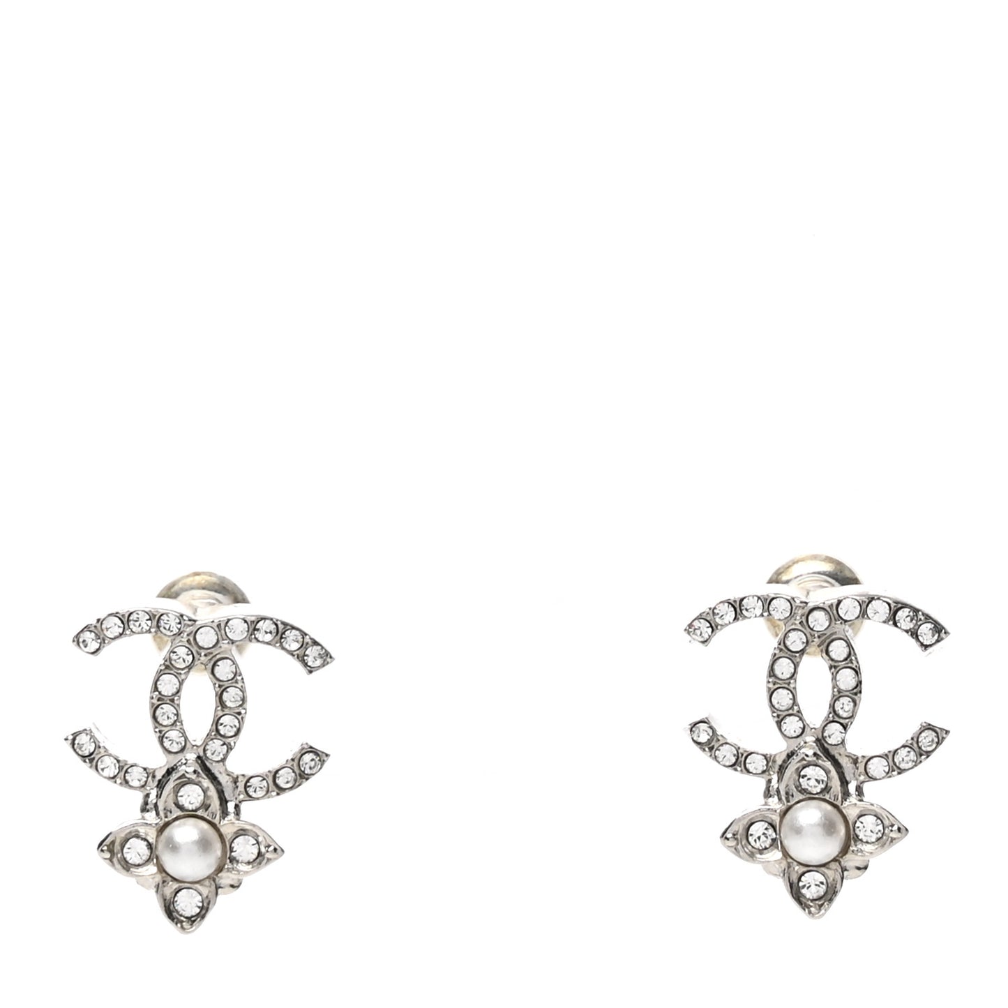Crystal Pearl Flower CC Earrings Silver
