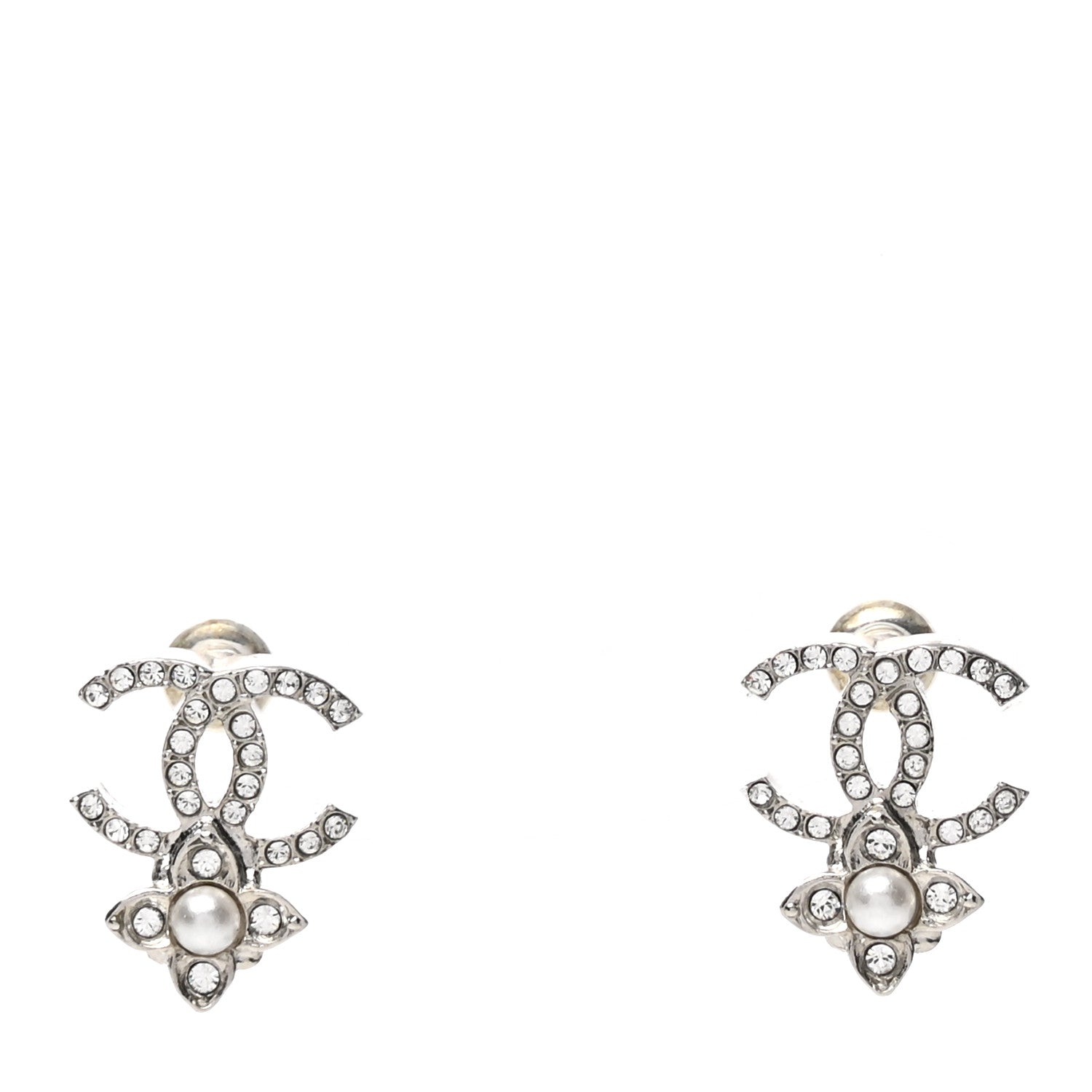 Chanel Crystal Pearl Flower CC Earrings Silver 1 of 4