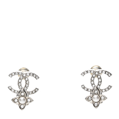 Chanel Crystal Pearl Flower CC Earrings Silver 1 of 4
