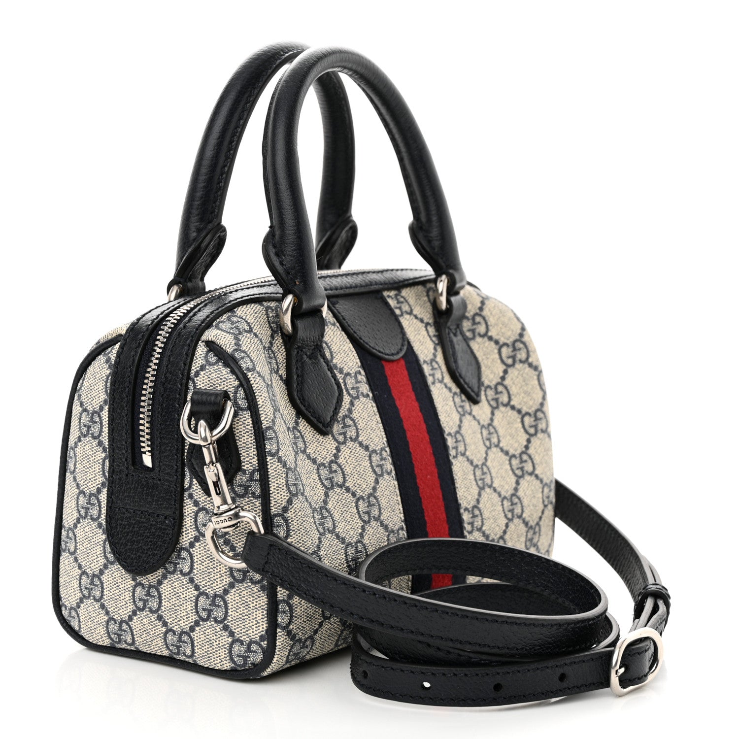 Gucci GG Supreme Monogram Textured Dollar Calfskin Web Mini Ophidia Top Handle Bag Beige Blue 3 of 12