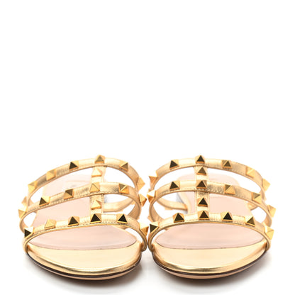 Valentino Garavani Metallic Nappa Rockstud Caged Flat Slide Sandals 35.5 Antique Brass 3 of 7