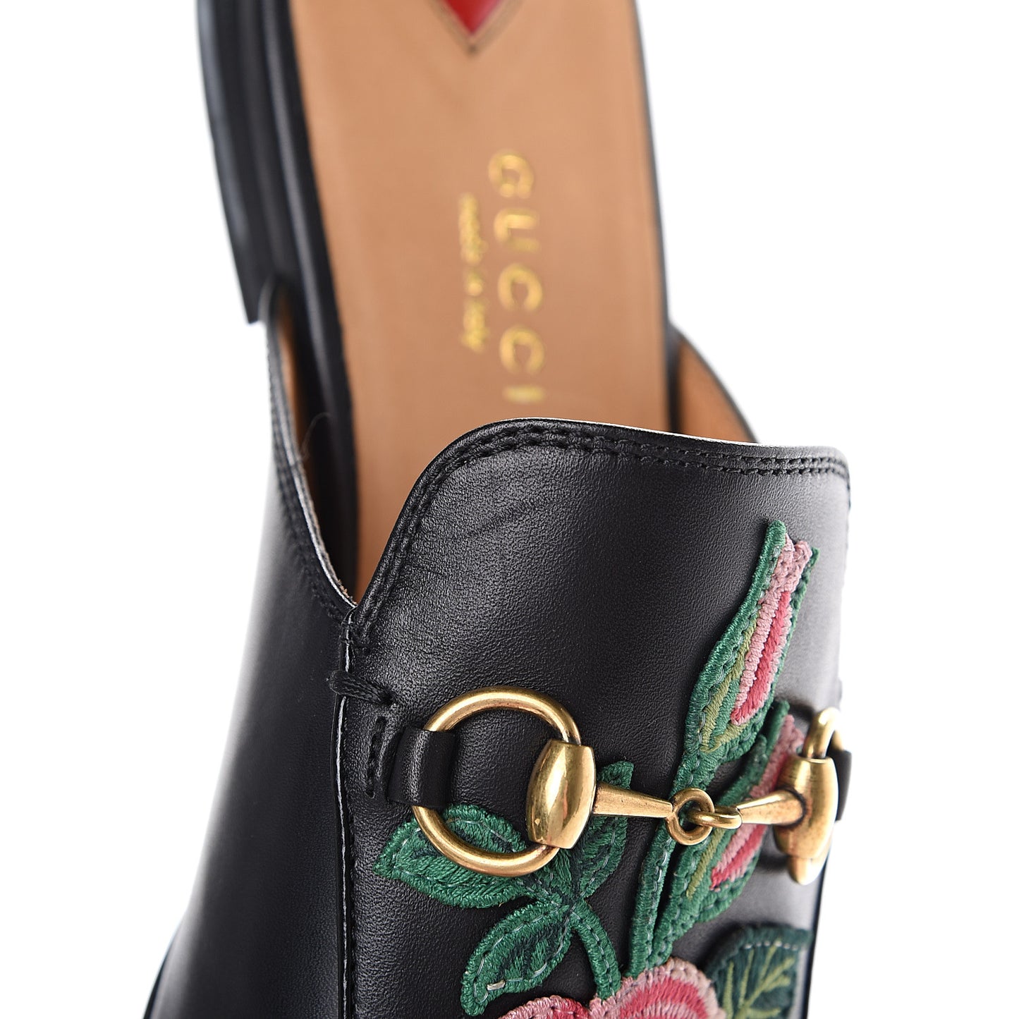 Calfskin Flower Embroidered Princetown Slippers 36 Black