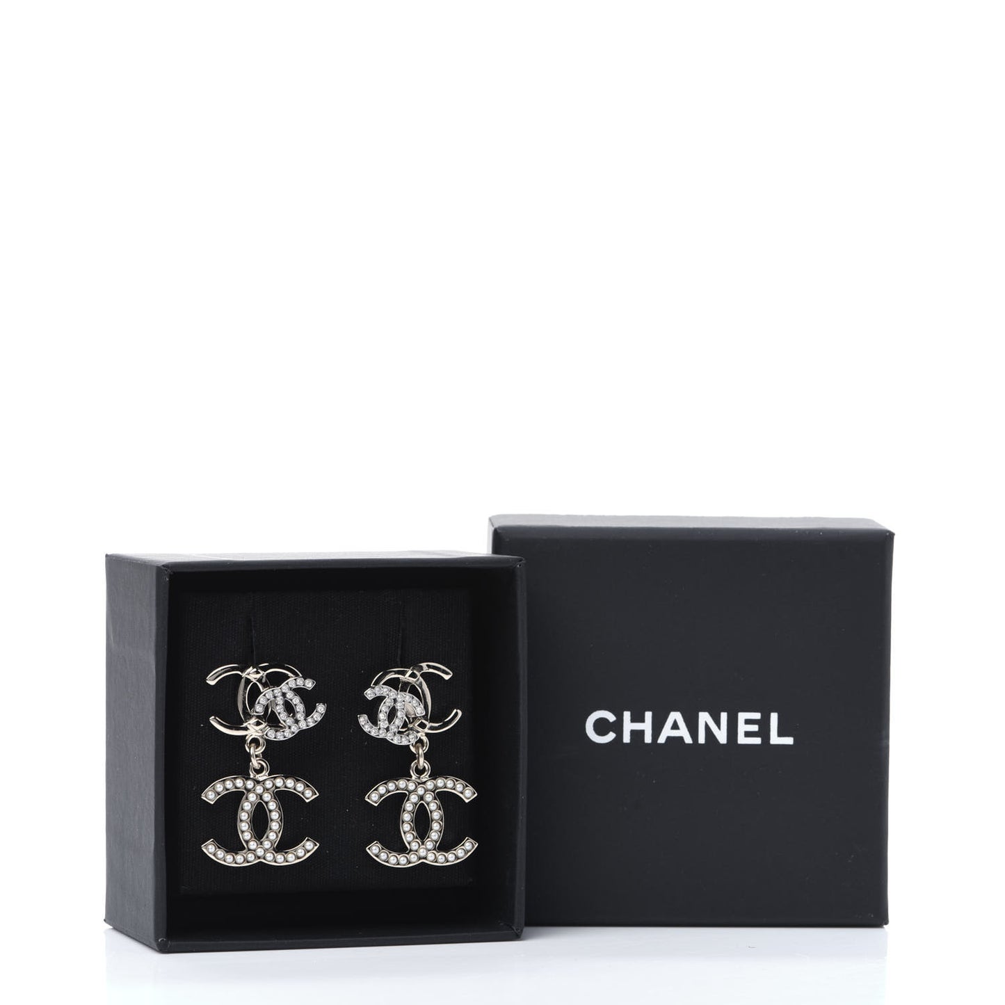 Crystal Pearl Double CC Drop Earrings Gold Silver