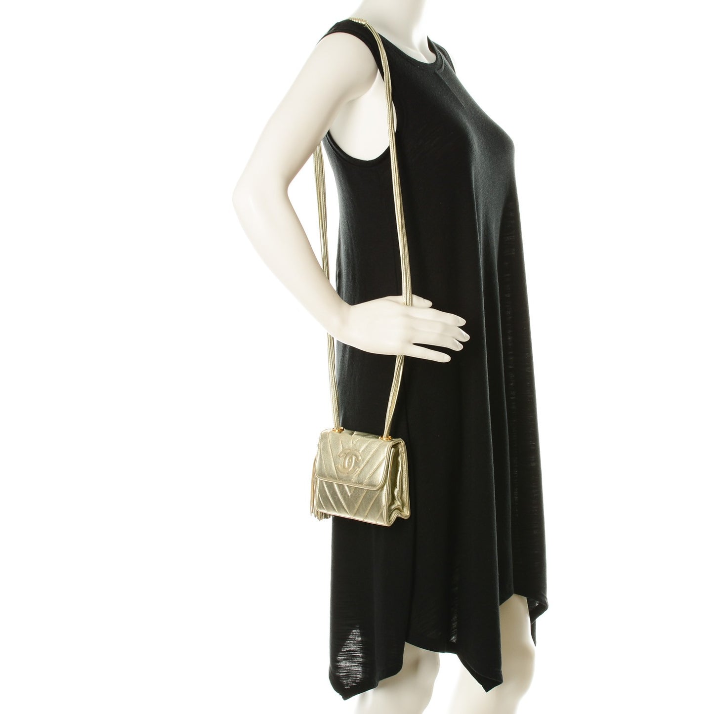 Metallic Lambskin Chevron Quilted Mini Square Tassel Flap Gold