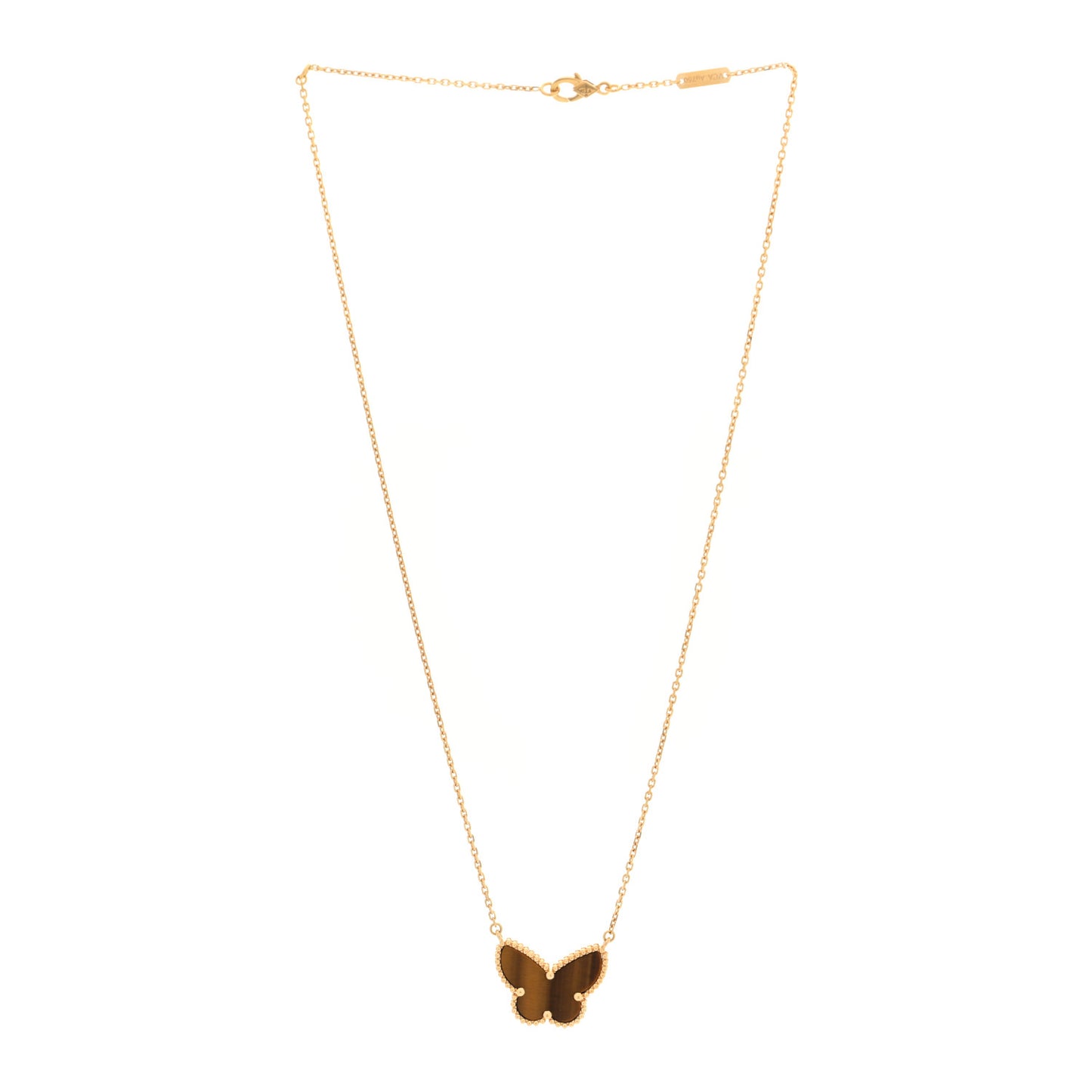 18K Yellow Gold Tiger Eye Lucky Alhambra Butterfly Pendant Necklace
