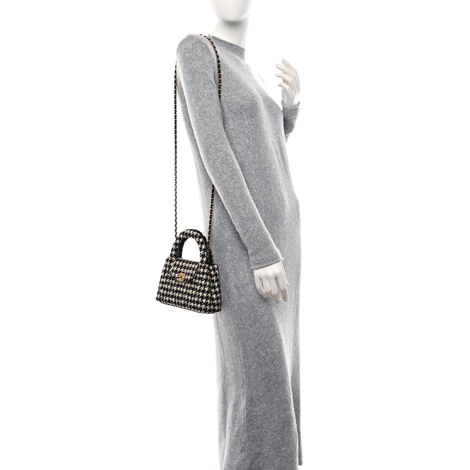 Chanel Tweed Houndstooth Quilted Nano Kelly Shopper Black White 2 of 11
