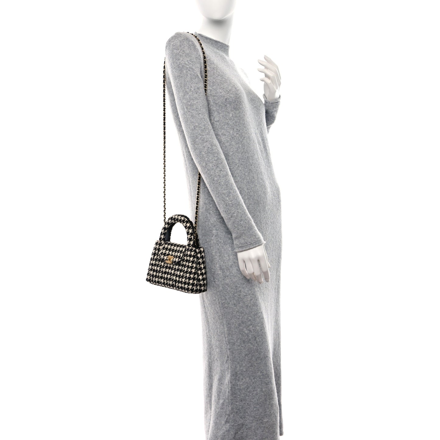 Tweed Houndstooth Quilted Nano Kelly Shopper Black White