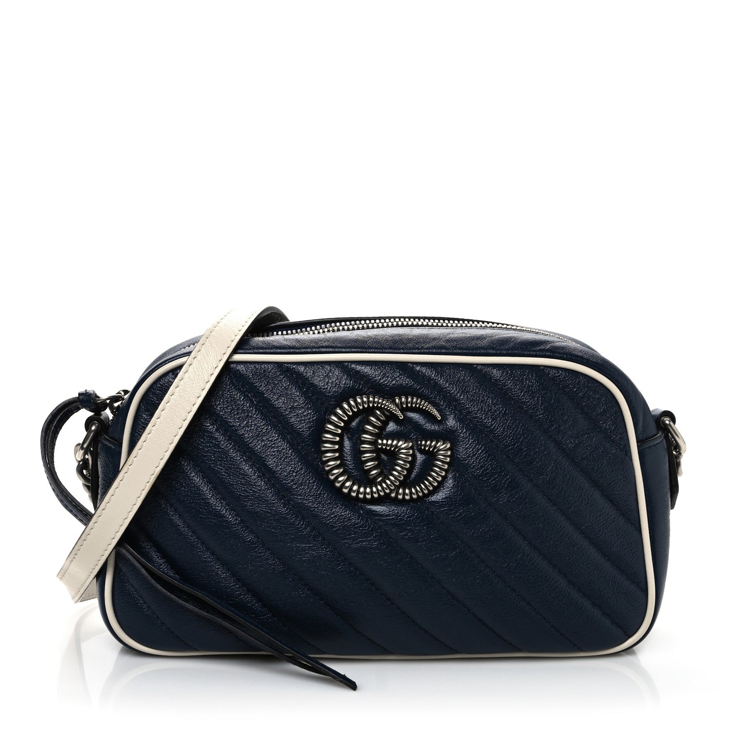 Vintage Effect Calfskin Matelasse Diagonal Small Torchon GG Marmont Chain Shoulder Bag Blue Agata Mystic White