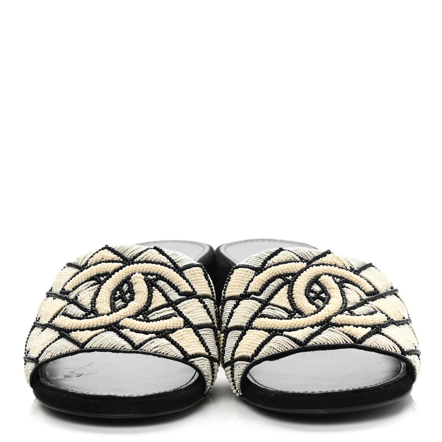 Chanel Kid Suede Pearl Embroidery CC Mules 37 Black White 2 of 9