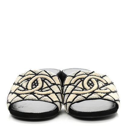 Chanel Kid Suede Pearl Embroidery CC Mules 37 Black White 2 of 9