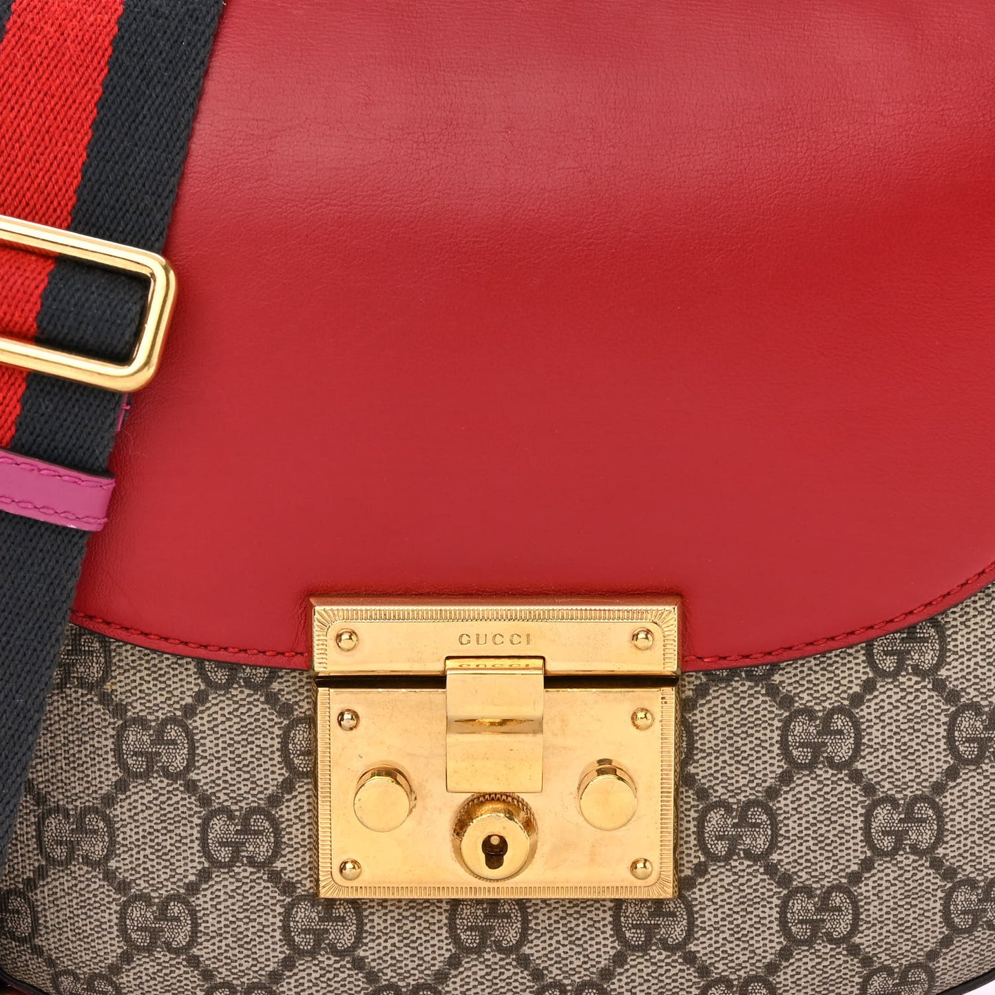 GG Supreme Monogram Calfskin Web Medium Padlock Messenger Shoulder Bag Beige Hibiscus Red New Rosette