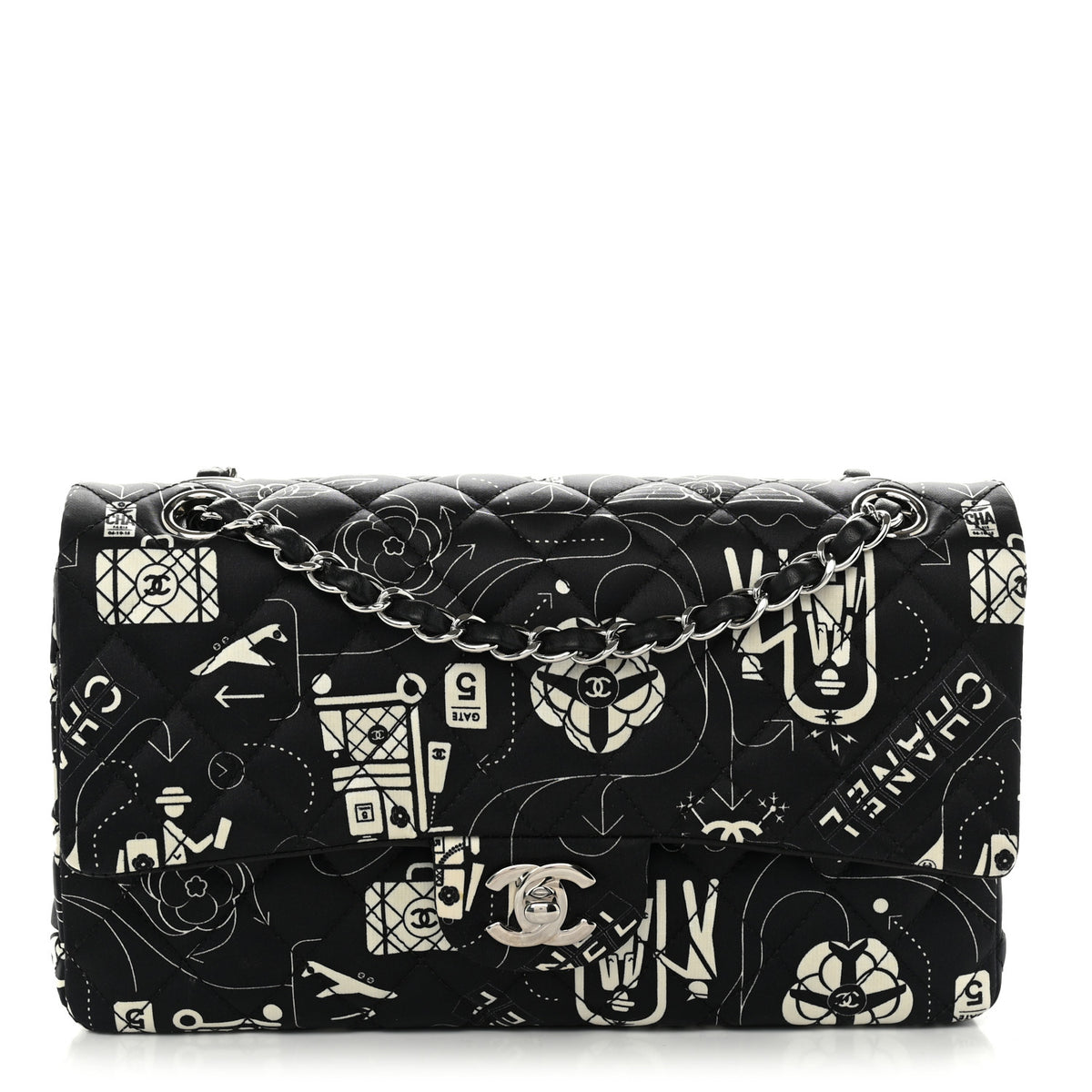 Satin Airline Printed Medium Double Flap Black White