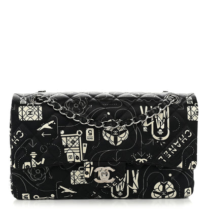 Chanel Satin Airline Printed Medium Double Flap Black White 2 of 19
