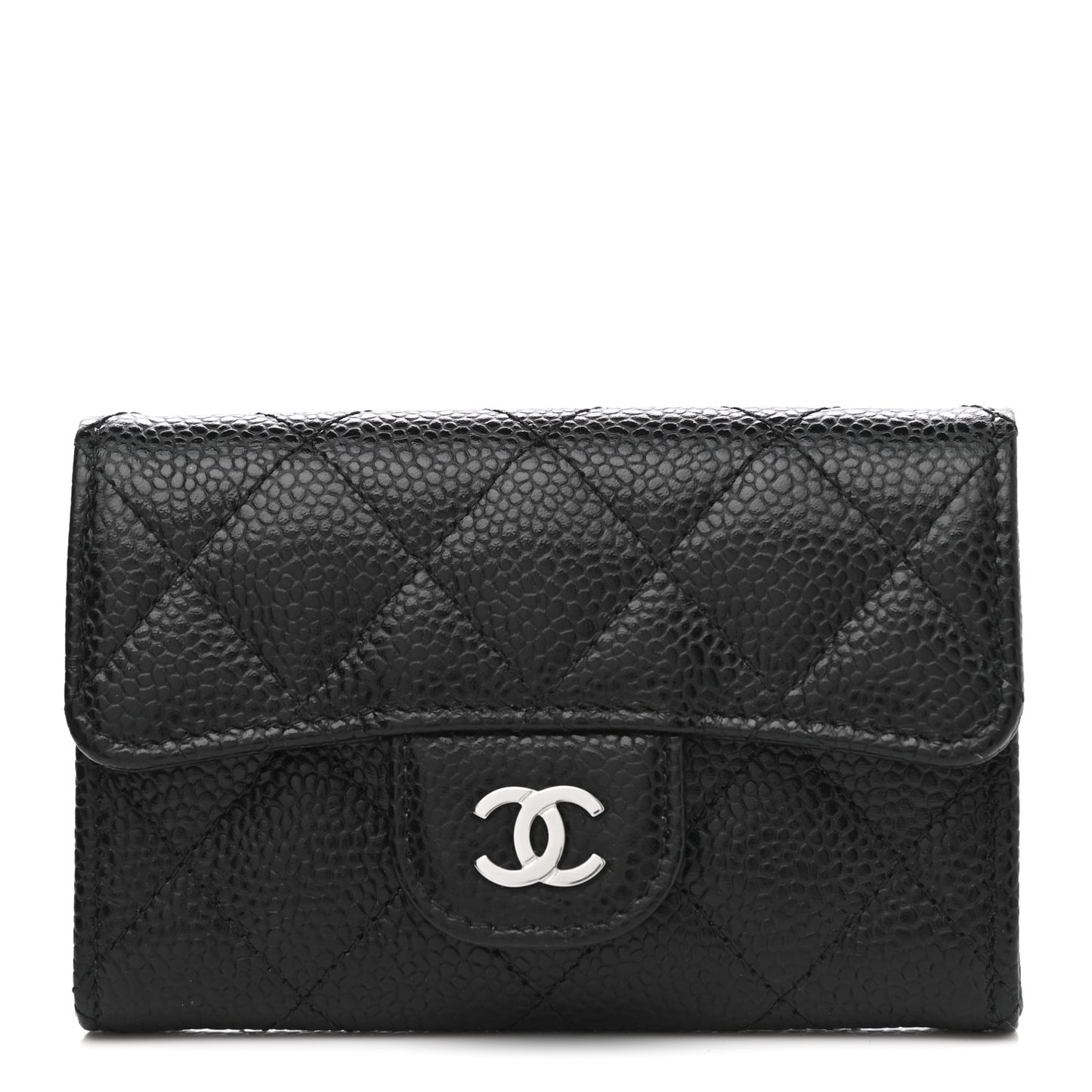 Caviar Quilted Flap Card Holder Wallet Black