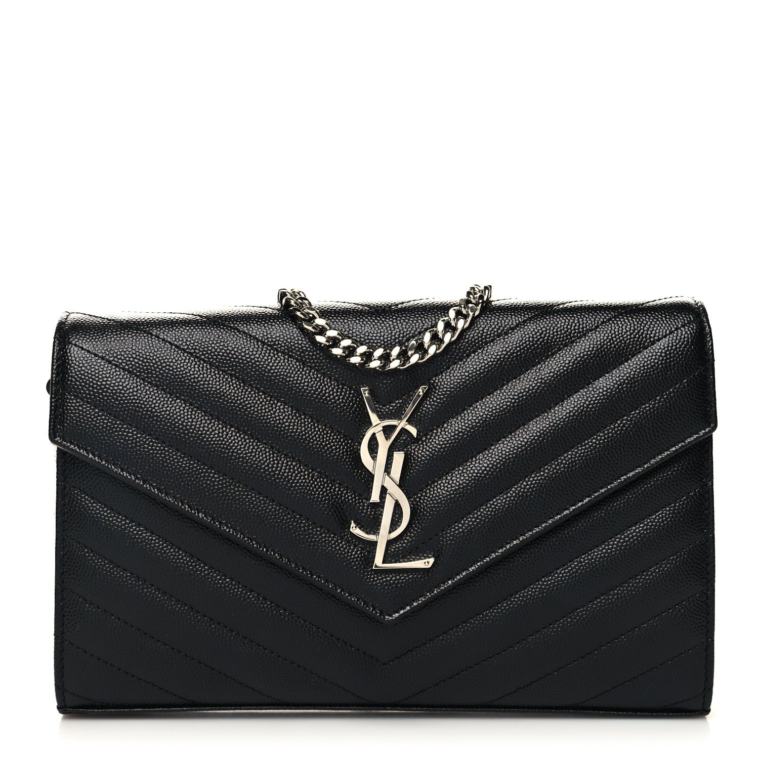 Saint Laurent Grain De Poudre Matelasse Chevron Monogram Chain Wallet Black 1 of 12