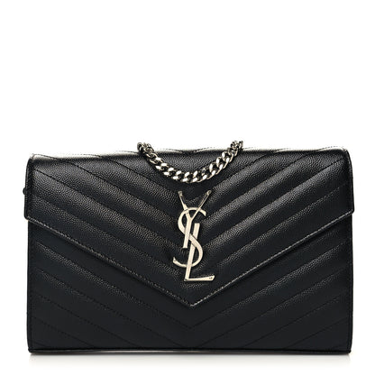 Saint Laurent Grain De Poudre Matelasse Chevron Monogram Chain Wallet Black 1 of 12