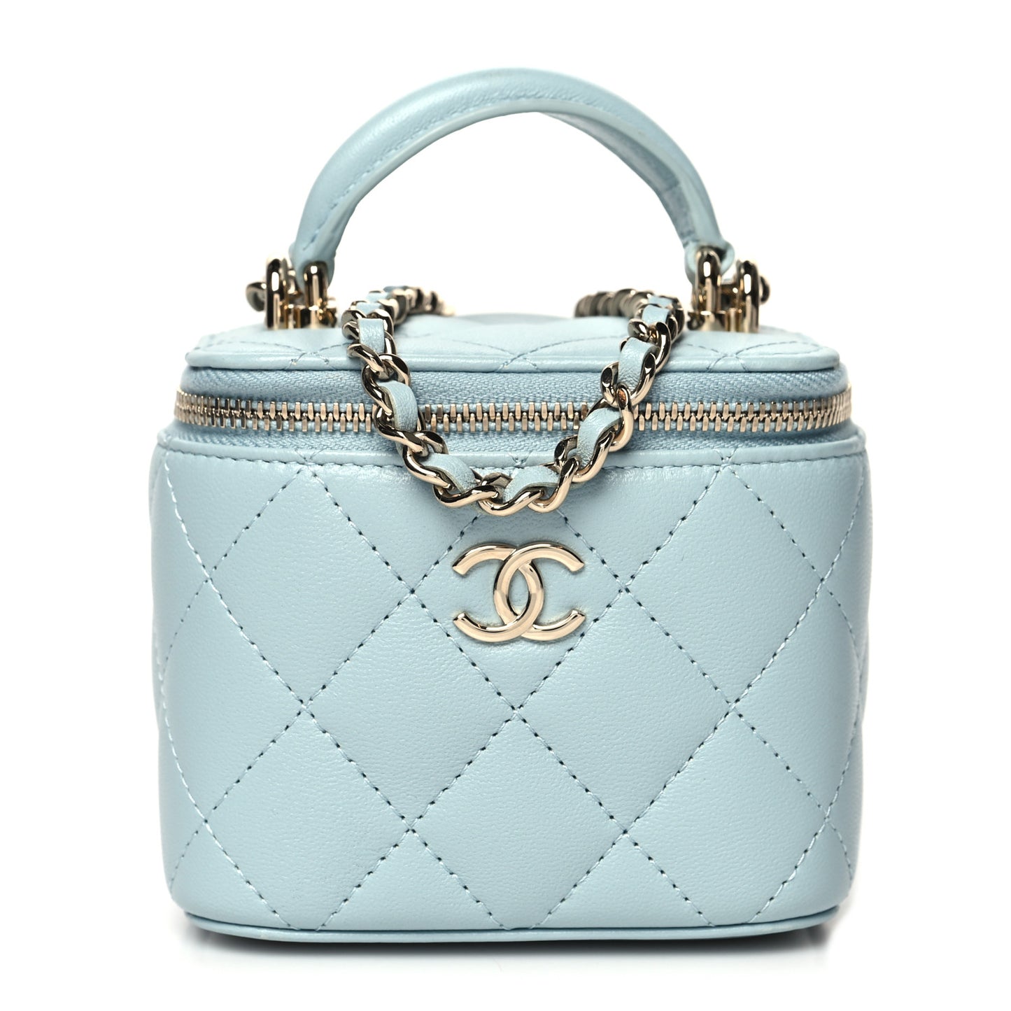 Lambskin Quilted Top Handle Mini Vanity Case With Chain Light Blue