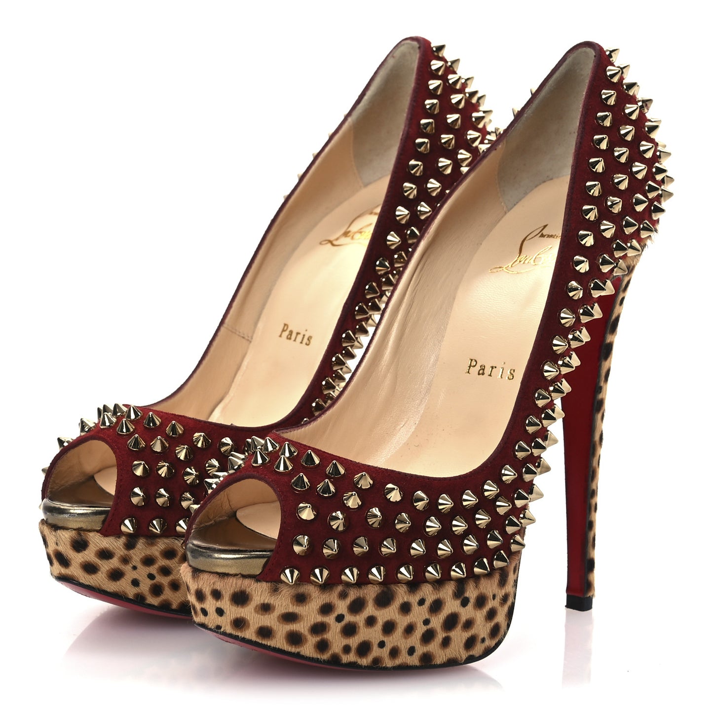 Veau Velours Calf Hair Leopard Lady Peep Spikes 150 Pumps 38 Red