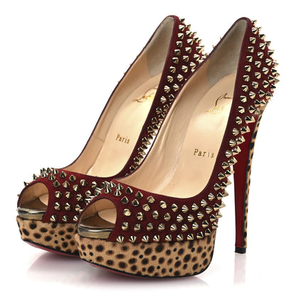 Christian Louboutin Veau Velours Calf Hair Leopard Lady Peep Spikes 150 Pumps 38 Red 4 of 13