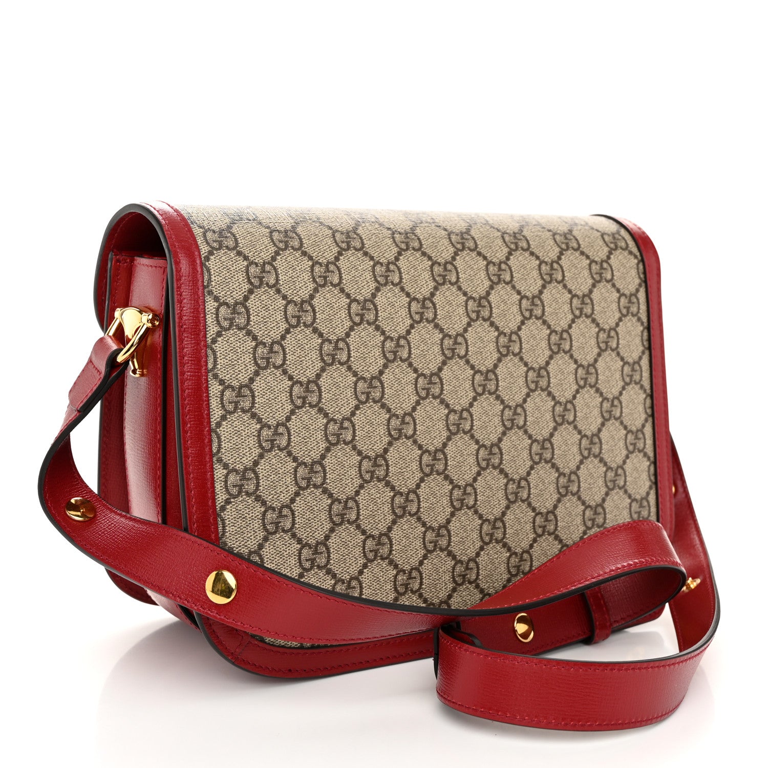 Gucci GG Supreme Monogram Azalea Calfskin Horsebit 1955 Shoulder Bag Beige Ebony New Cherry Red 3 of 11