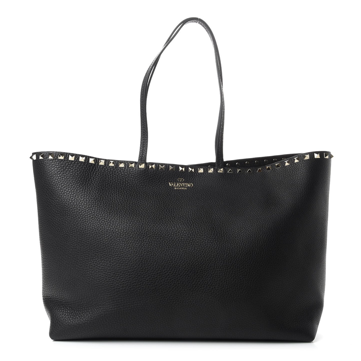 Grained Calfskin Rockstud Shoulder Tote Black