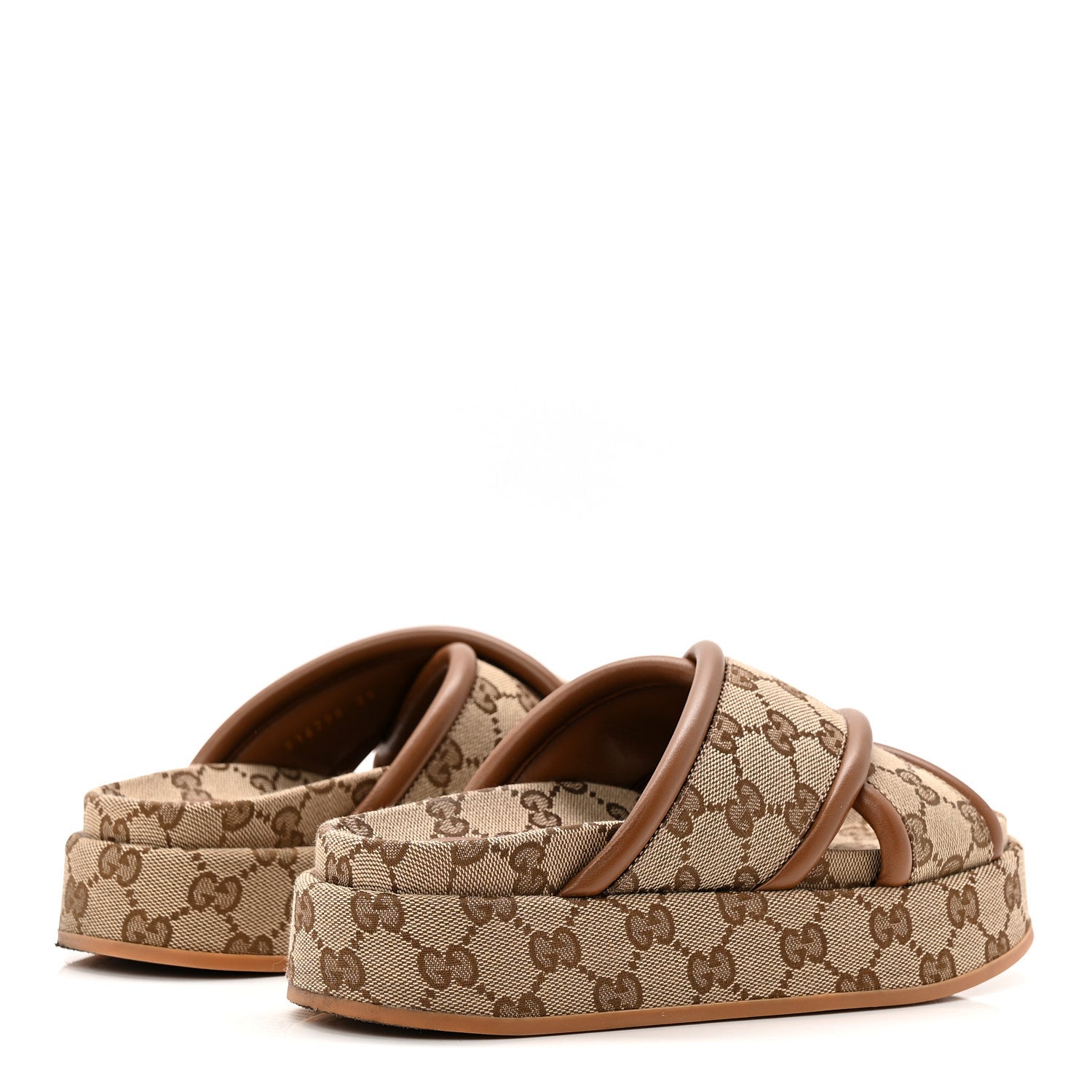 Gucci Monogram GG Calfskin Angelina Platform 55mm Slide Sandals 38.5 Camel Ebony 35 Camel Ebony 5 of 10