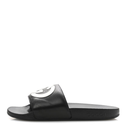 Gucci Nappa Miro Soft Calfskin Womens Interlocking G Slide Sandals 38 Black White 1 of 11